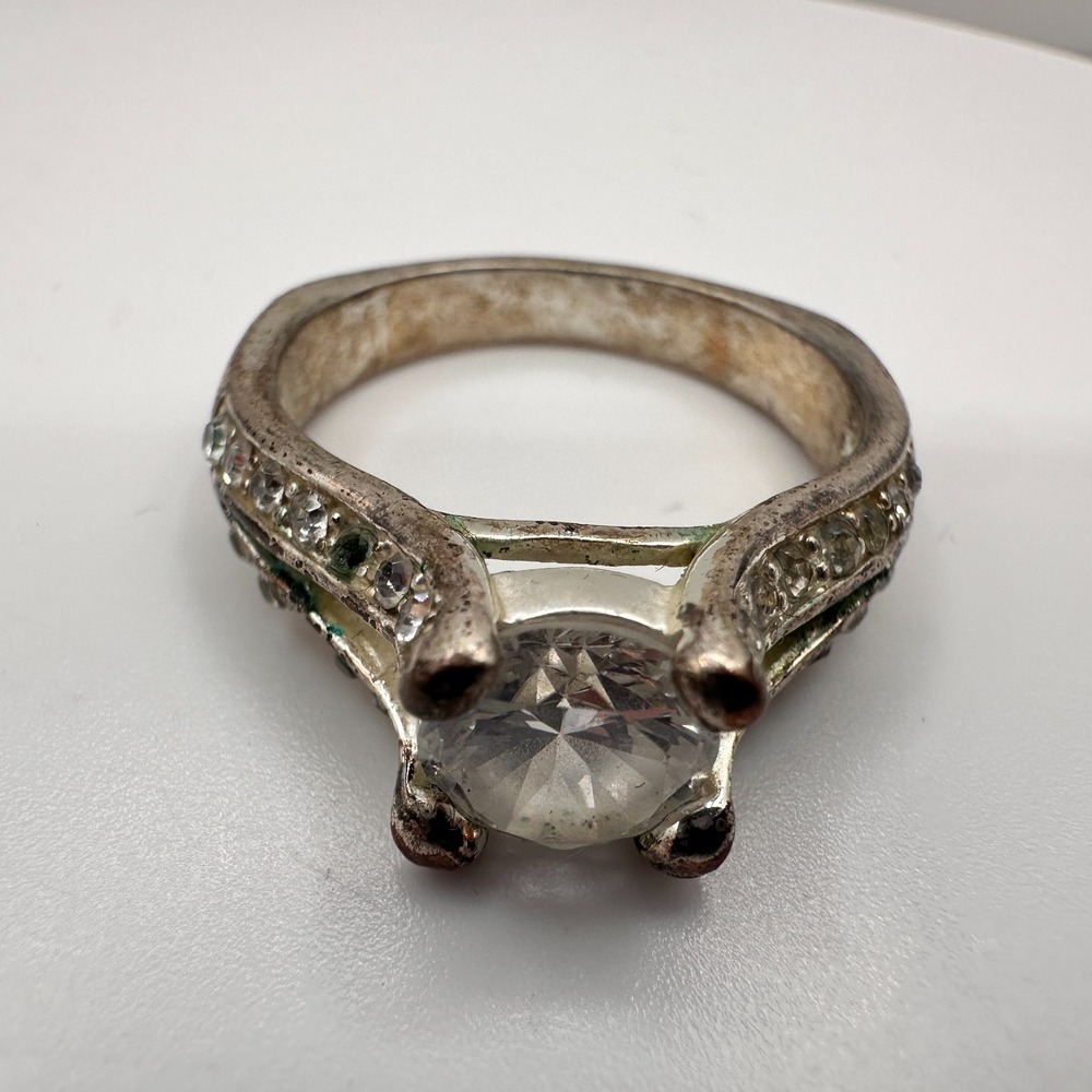 Vintage Y2K Silver Tone Rhinestone Statement Ring for Women Boho 90s